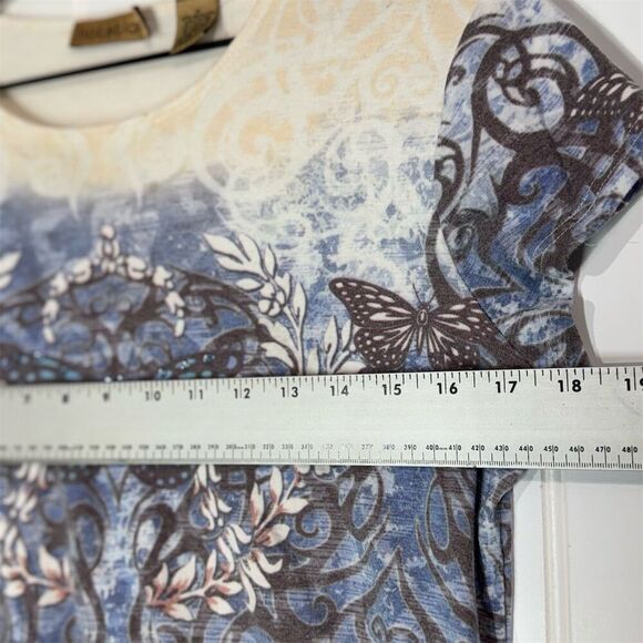 Notations Butterfly Graphic Tee M Blue Brown Rhinestone Print Y2K USA Made VTG - Picture 4 of 9